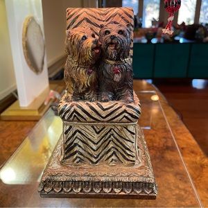 18” LAMP WITH YORKIES SITTING ON A CHAIR WITH FRINGE SHADE